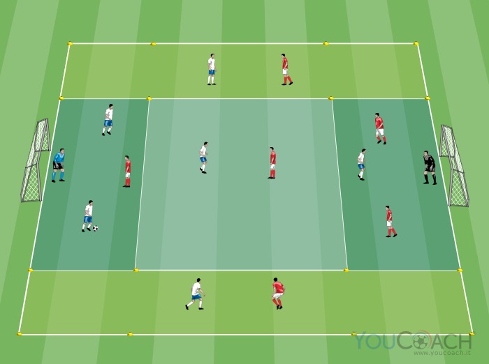 6 versus 6 getting away from markers in width, to cross and to shoot for the goal