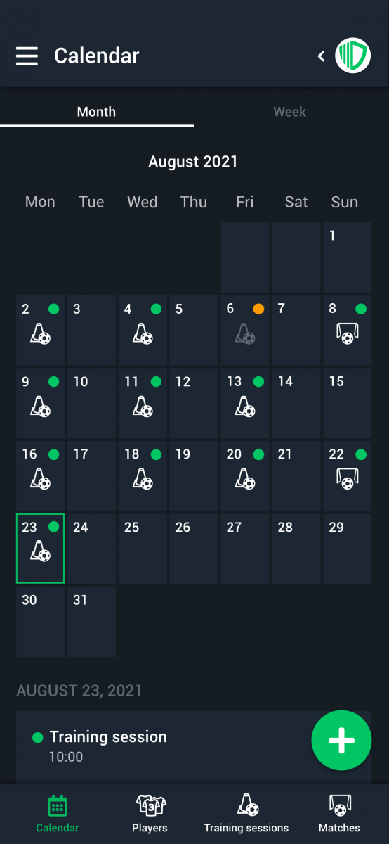 Schedule training sessions and games with the calendar